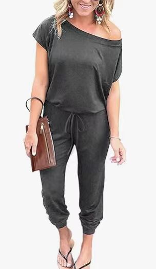 Picture of 2024 European and American Cross-border Spring and Summer Fashion Slanted Shoulder Short-sleeved Flap Pocket Pants Women's Jumpsuit