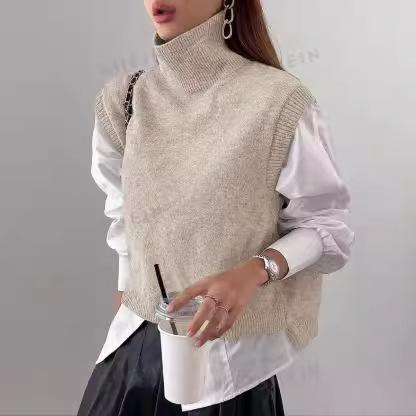 Picture of High-Neck Knitted Vest for Women, Korean Style, Loose Casual Sleeveless Sweater, Outerwear Layering Vest, Wool Blend