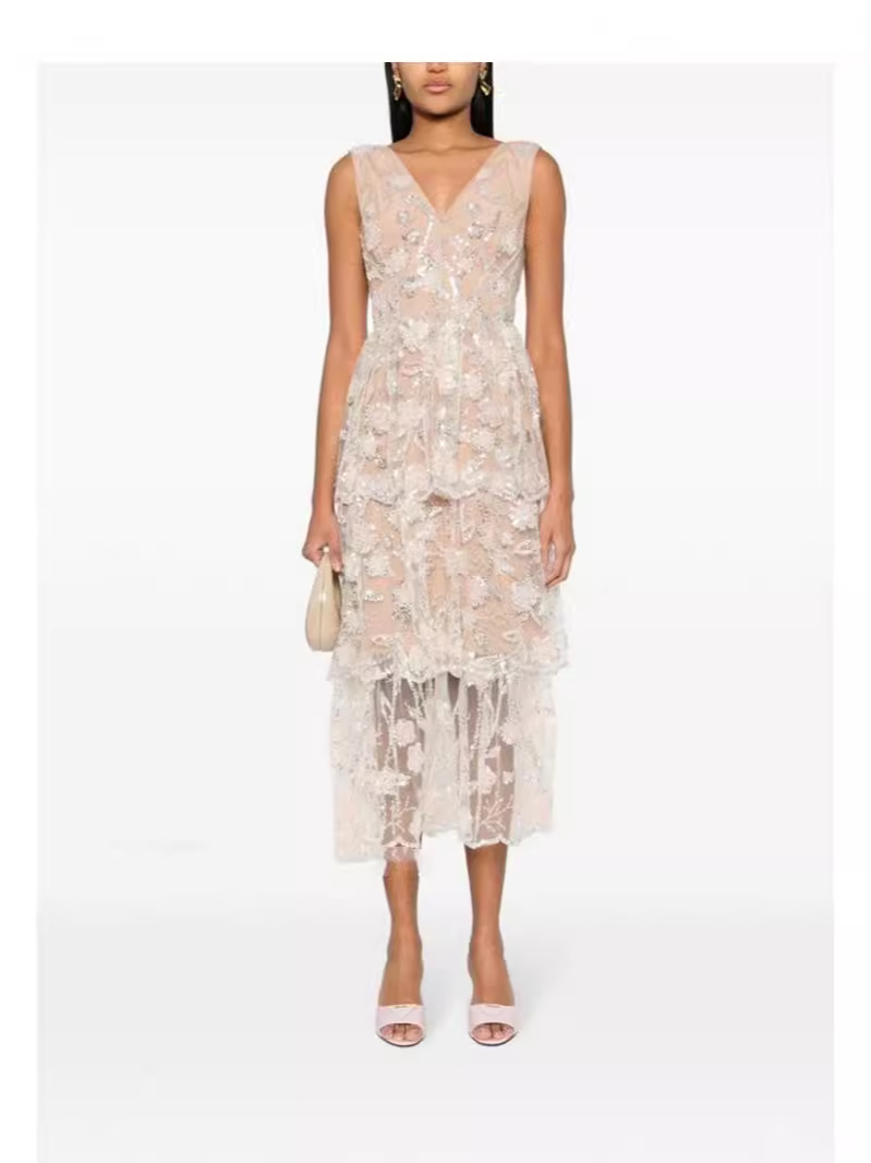 24 New Designer Fashion Brand Celebrity Fairy Style Sleeveless V-Neck Sequins Embroidered Cake Dress Dress in stock