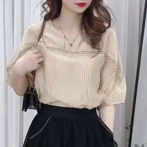 Picture of Hong Kong Style Vintage Lace Stitching Half Sleeve Chiffon Shirt Women's 2024 Summer New French Loose Slim Look Trendy Top
