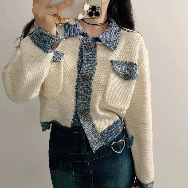Autumn and Winter Fashion New Chic Stylish Stitching Contrast Color Edge Age-reducing Chanel Mixed Color Knitted Cardigan Jacket