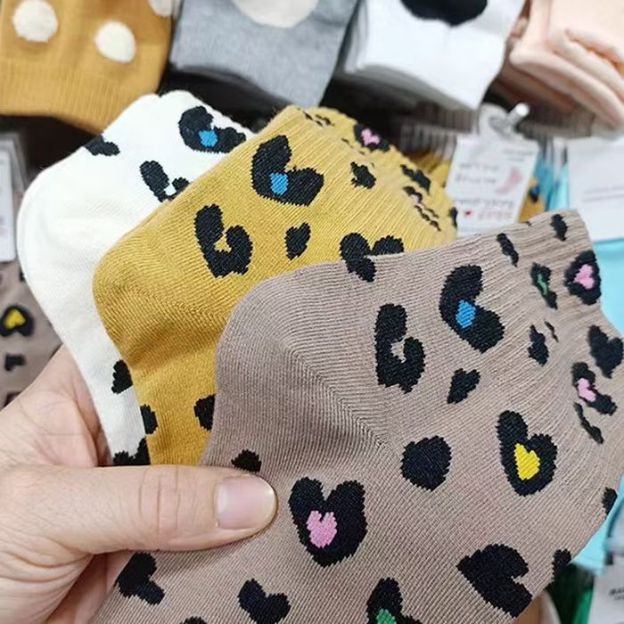 South Korea Socks Girls Leopard Print Peach Socks Dongdaemun Heart-Shaped Mid-Waist Women's Socks Korean Fashionable Socks Fashion Socks