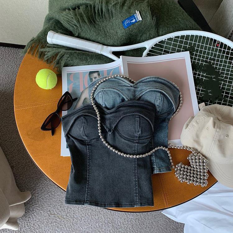 Picture of Fashion hot girl retro color Denim tube top women's summer 2023 new sweet cool all-match off-shoulder navel short top