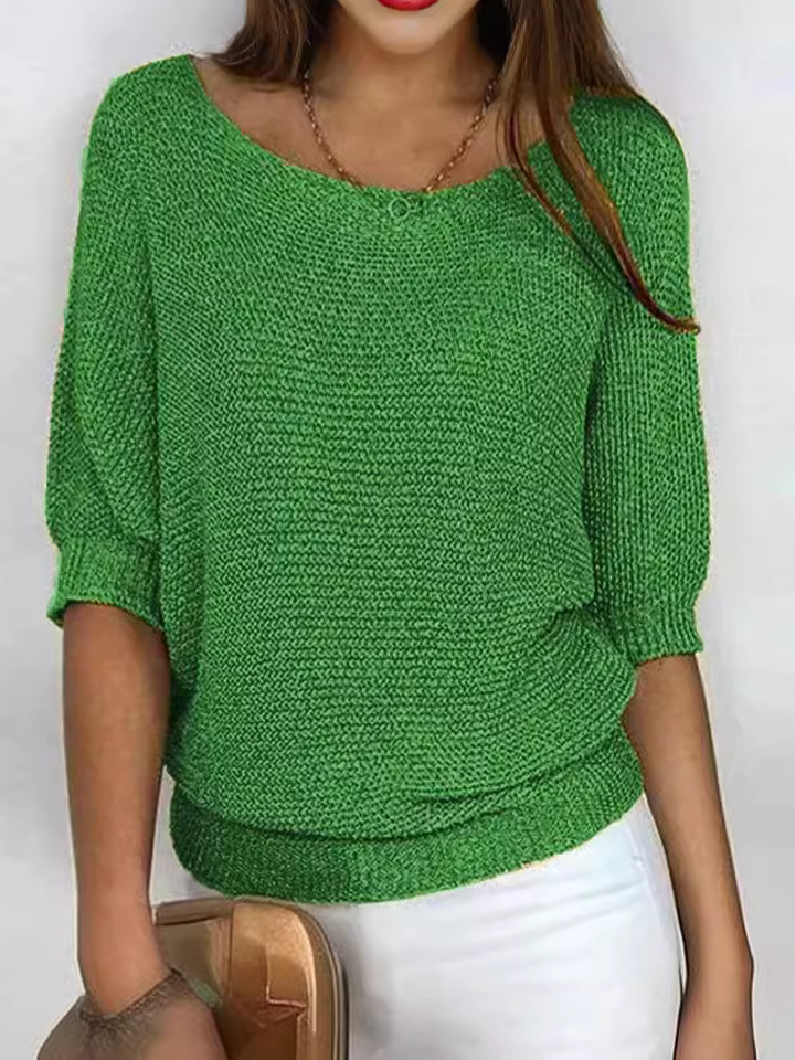 2024 Spring New European and American Style Solid Color Round Neck Sweater Women's Commuting Elegant Seven-Sleeve Top Wool Sweater