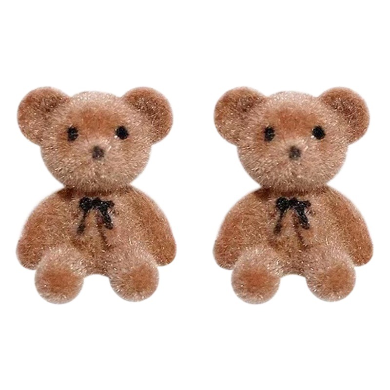 925 Silver Needle Korean Flocking Cute Bear Ear Stud Elegant Simple 2023 Trendy Girl Heart Student Earrings Earrings
