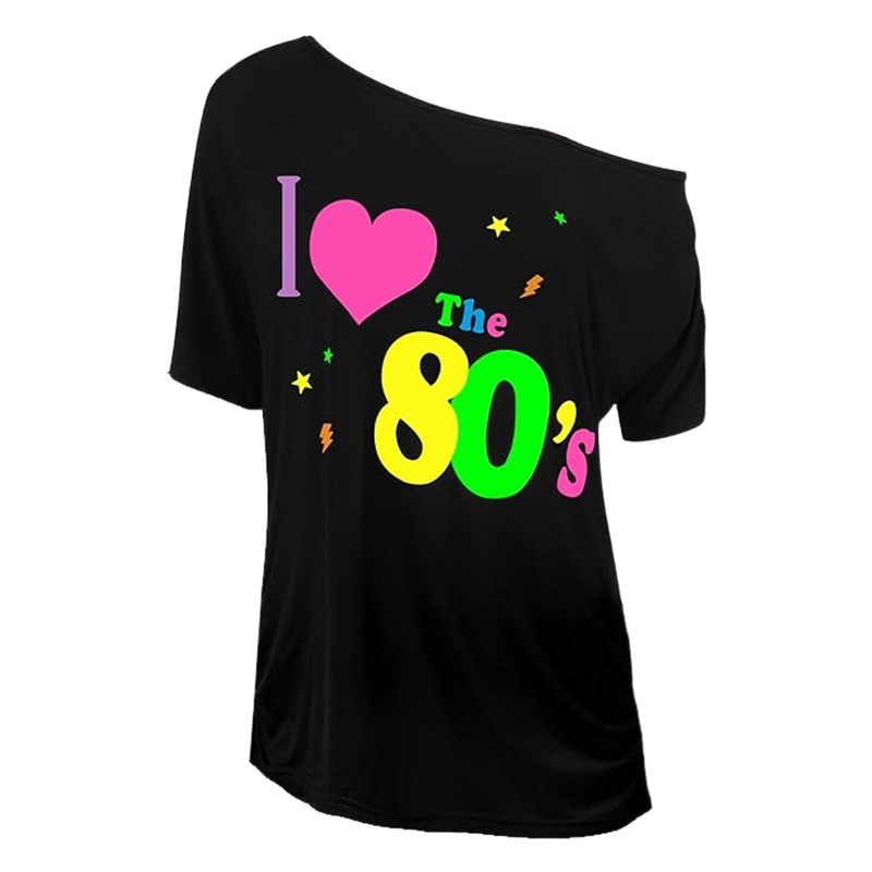 European and American Nostalgic Women's T-Shirts I Love 80S Disco Clothing Printed Off-Shoulder Mid-Sleeve Tops