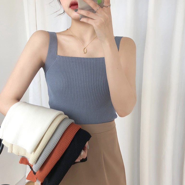 2024 New Summer Style Sling Retro Sweet Small Square Collar Elastic Slimming Look Versatile Outer Knitted Vest