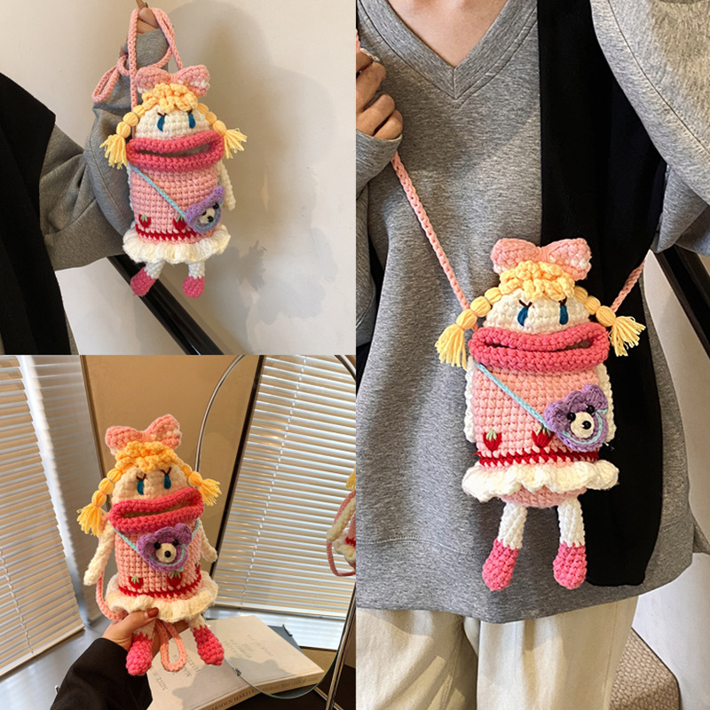 2024 Big Mouth Mobile Phone Bag Handmade Woven Bag Crochet Wool Bag Creative Cute Bow Girl Satchel