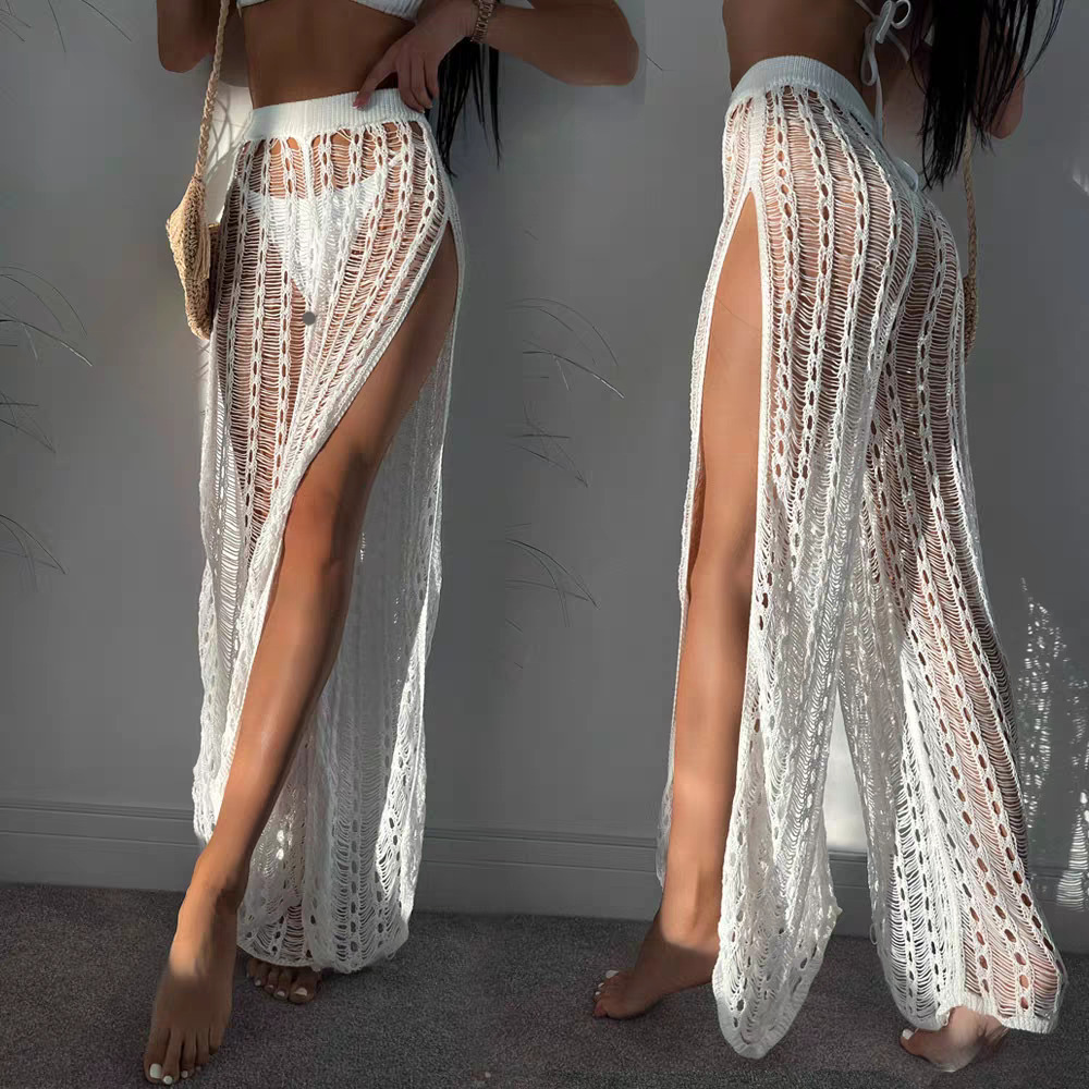 European and American Summer New Style See-Through Hollow Loose Wide-Leg Pants Holiday Style Slit Beach Bikini with Knitted Floor Mopping