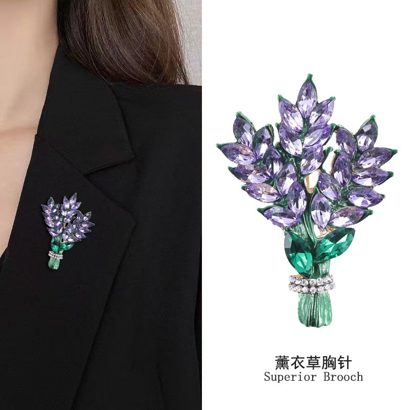 Alloy Lavender Brooch Women's Mori Plant Flower Set with Diamond Corsage Fixed Clothes Anti-Light Pin Jewelry