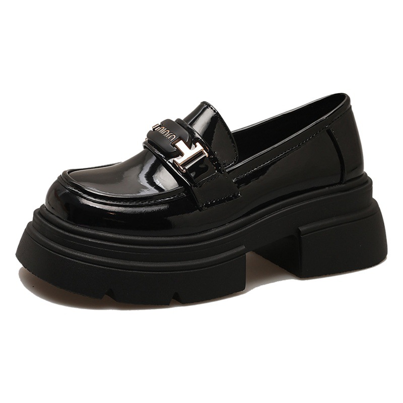Women's thick-soled British-style leather shoes 2023 new autumn chunky heel fashionable round toe slip-on casual loafers