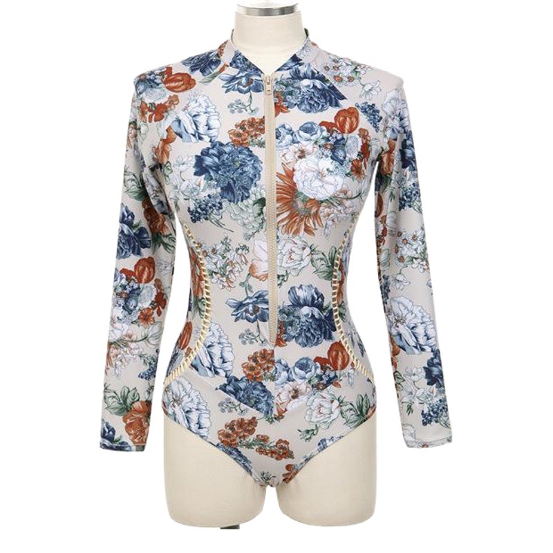 2025 New Korean Swimwear Slimming Look Sun Protection Clothing Long-Sleeved Zipper Floral Triangle One-Piece Swimsuit for Women