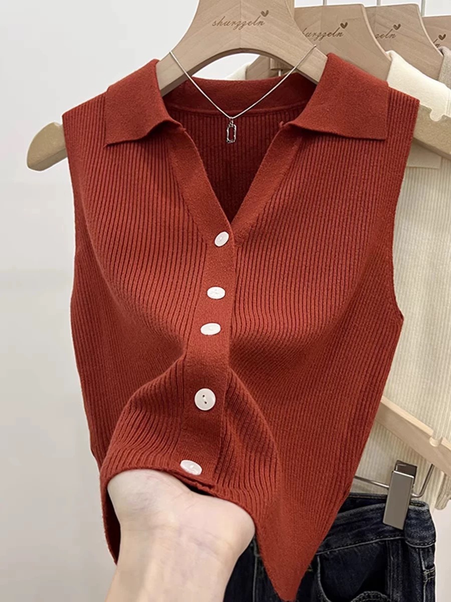 Picture of French New Arrival Single-breasted Cardigan All-match Slim-fit Short Base Shirt Socialite Elegant Polo Collar Sleeveless Vest for Women