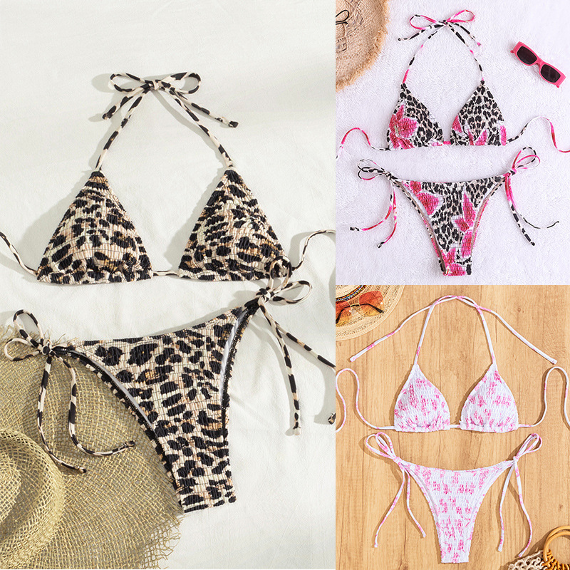 2025 New Bikini European and American Foreign Trade Printing Leopard Triangle Cup Sexy Split Bikini Swimsuit Women