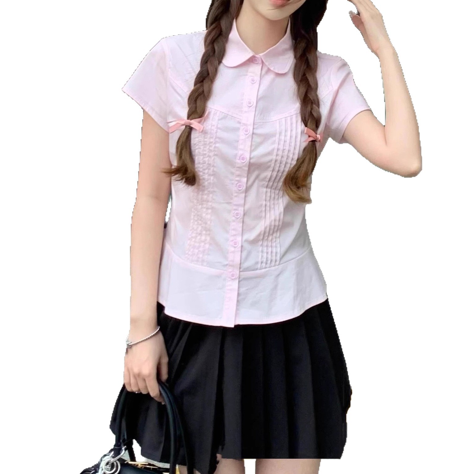 Picture of Pink Polo Collar Right Shoulder Short-Sleeved Shirt Women's Summer Slim Short Shirt Waist Half-Sleeved 2025 New Top