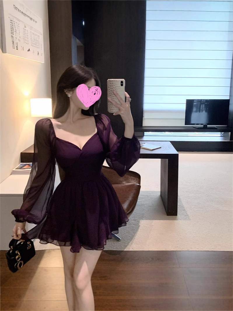 Autumn French Retro Style Elegant V-neck Tight Waist Shoulder Design Lantern Sleeve Breathable dress Women's Clothing Design Sense