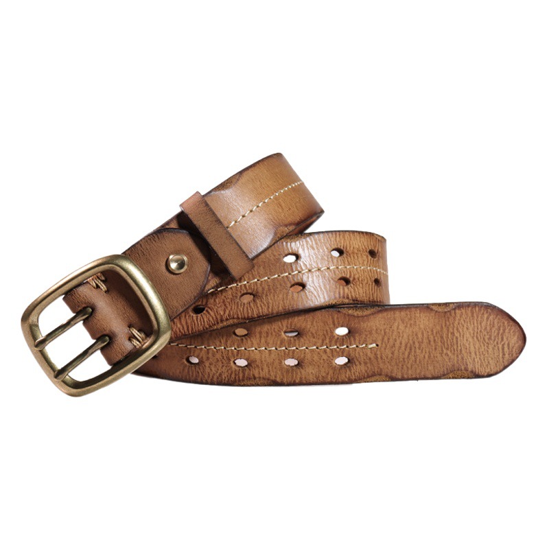 Pure cowhide vintage perforated polished pure copper buckle hollow distressed belt first layer genuine leather belt handmade stitching