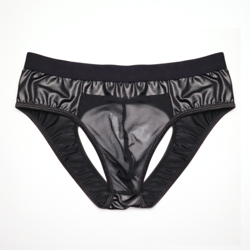 Cross-border new sexy imitation leather men's underwear crotch transparent mesh sexy exposed hip patent leather underwear men's briefs