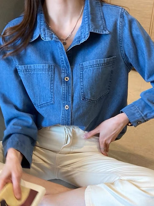 Retro Denim coat women's loose long sleeve mid-length stacked shirt design sense niche shirt