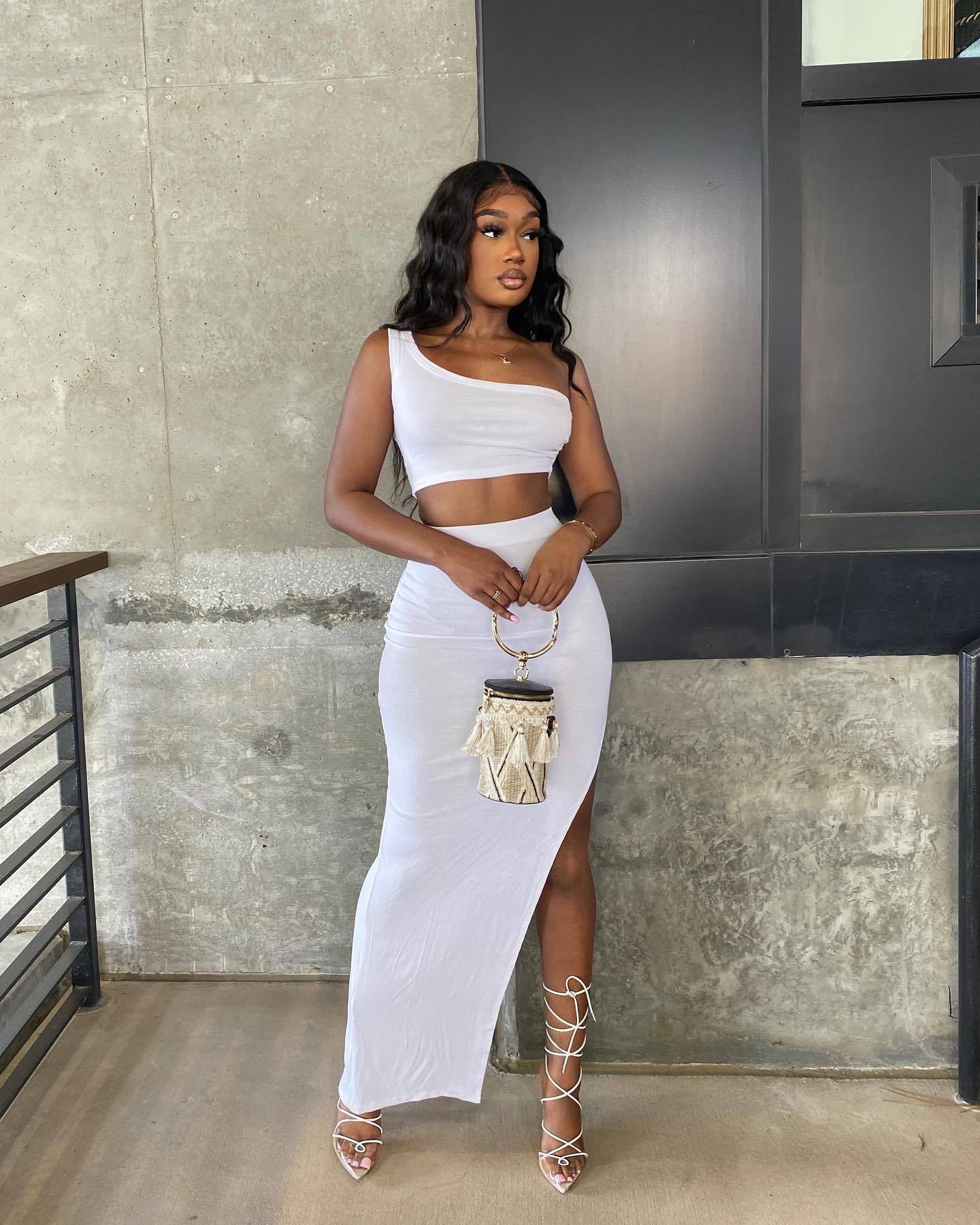 Picture of A5306 Cross-border Independent Station Foreign Trade European and American Women's Summer Solid Color Ice Silk Pit Single Shoulder Split Set