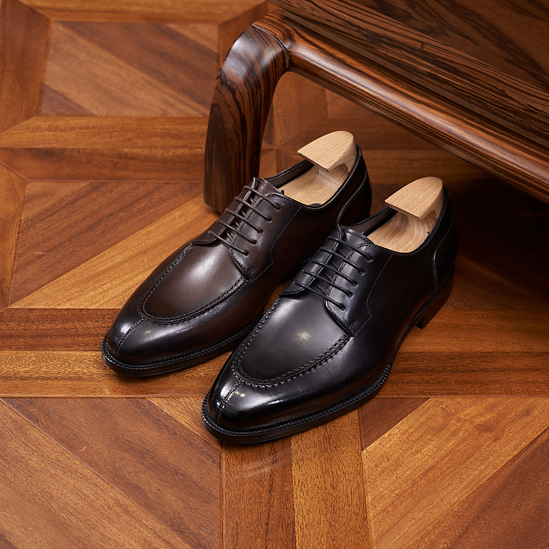 Cross-border Foreign Trade Business Casual Leather Shoes with Cowhide Lace-up British Men's Leather Shoes Norwegian Sewed Handmade Men's Shoes