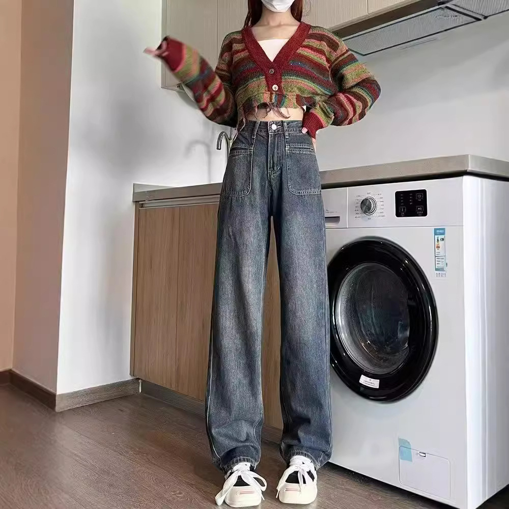 American Style National Fashion Retro Old Washed Jeans Loose Straight Dipped Wide Leg Pants Hip-hop All-match Trendy Pants