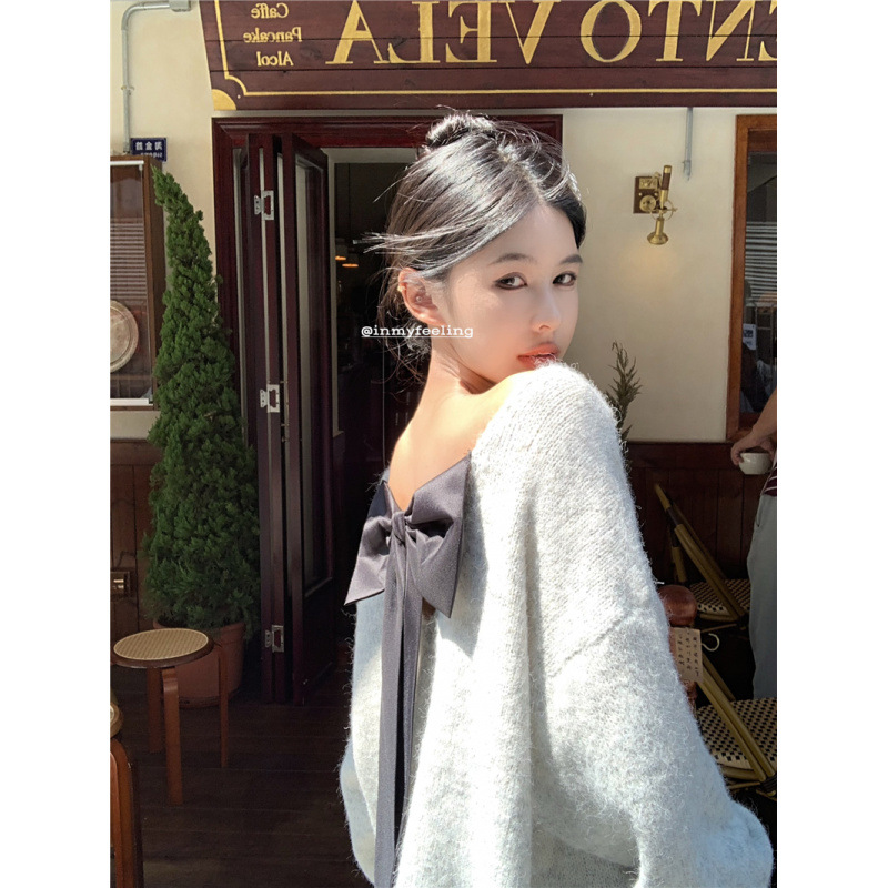 Real shot real price lazy wind backless bow round neck sweater women's autumn retro long sleeve sweater