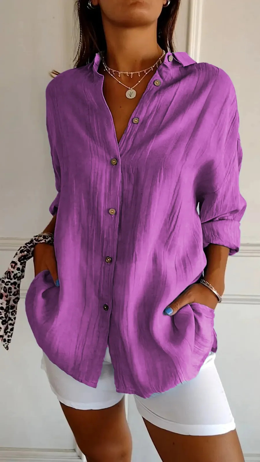 Picture of 2024 New Single-breasted Pleated Lapel Shirt Independent Station Explosions Women's Solid Color European and American Sleeve Top