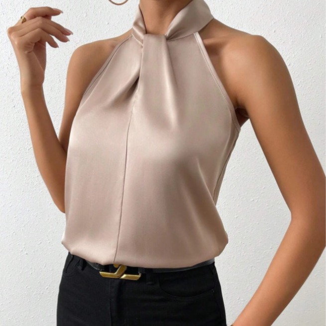 Picture of 2025 New Summer European and American Clothing Satin Halterneck Sleeveless Vest Satin Imitation Silk Top Wholesale in Stock