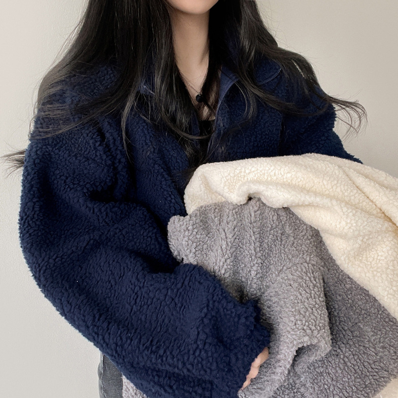 Stand collar short sweater women's autumn and winter fleece-lined thick loose ins lazy style lambswool cardigan zipper coat