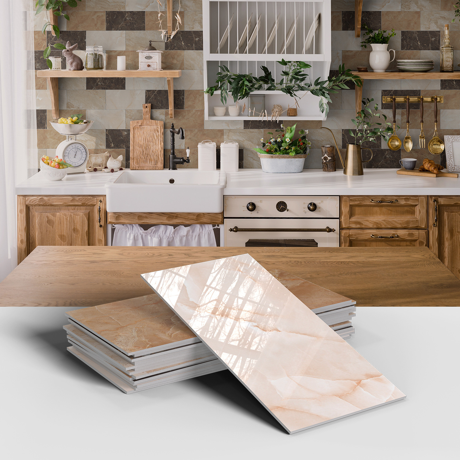 Picture of Crystal Marble Tile Wall Stickers Thickened PET Waterproof Self-adhesive Wallpaper for Kitchen Living Room Wall Decoration Cross Border