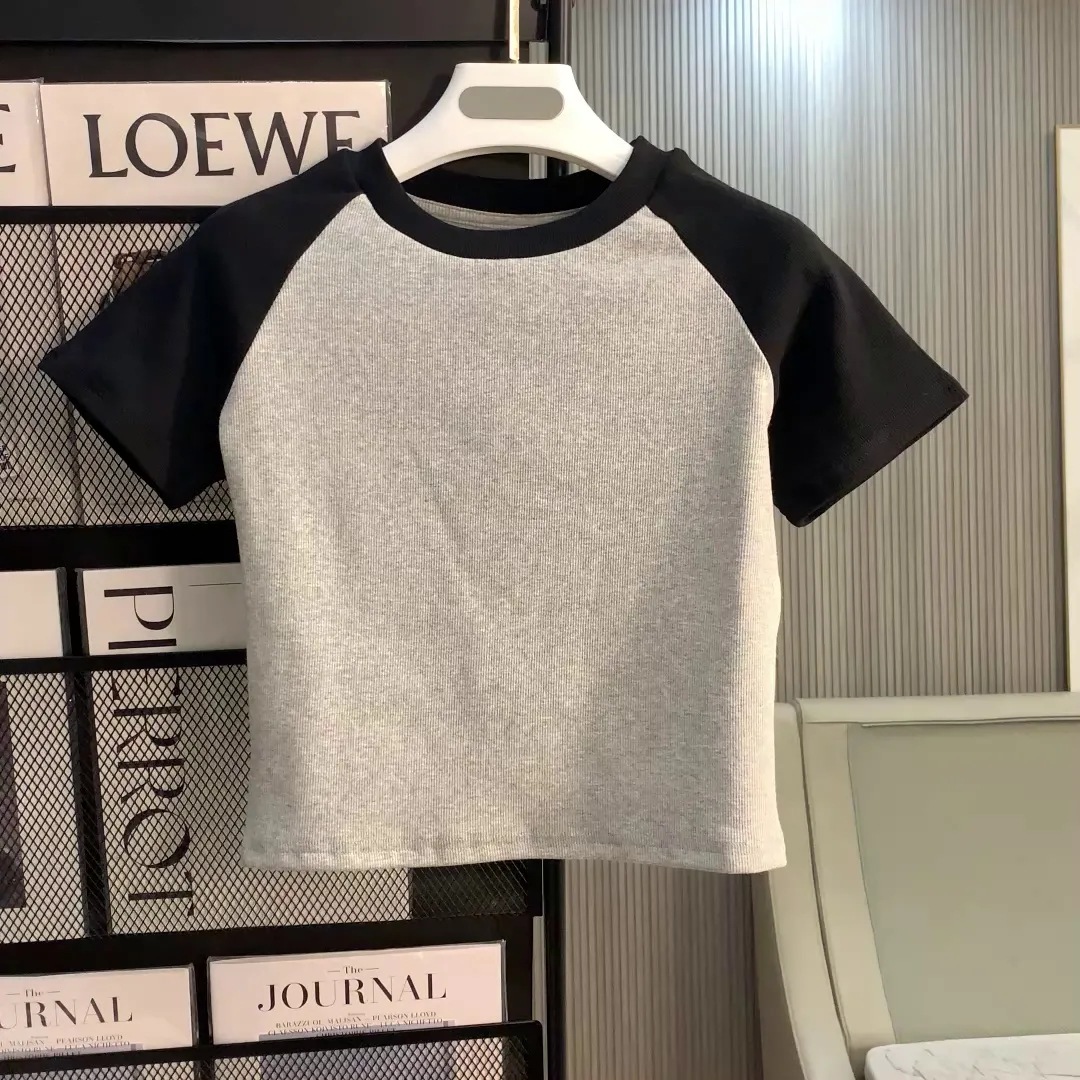 Contrast Color Stitching Retro Hong Kong Style Short-sleeved T-shirt Women's Summer New Slim-fit Slimming Elegant All-match Spice Girl Top Ins