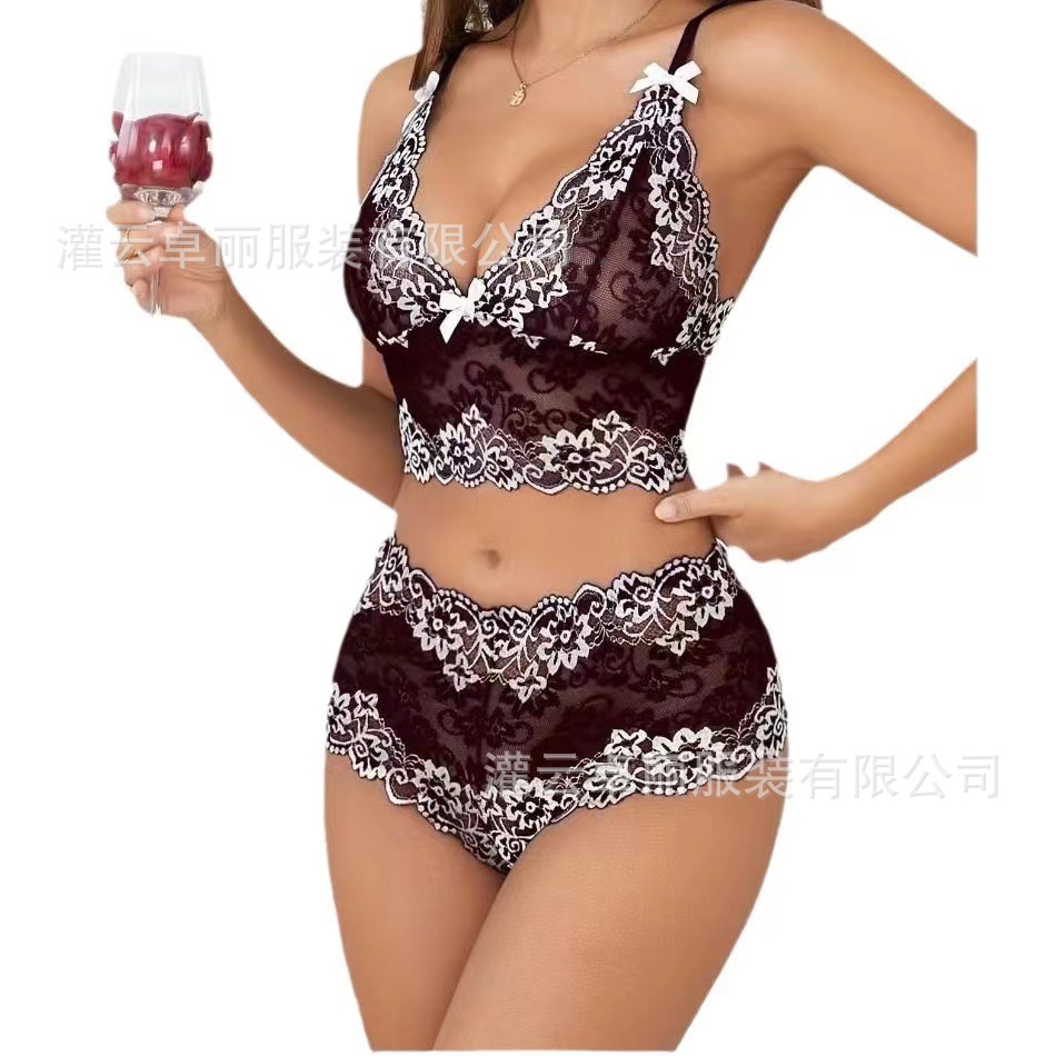 Amazon Europe and America Explosions Sexy Underwear Lace Colorblock Sling Two-Piece Set Cross-Border Foreign Trade