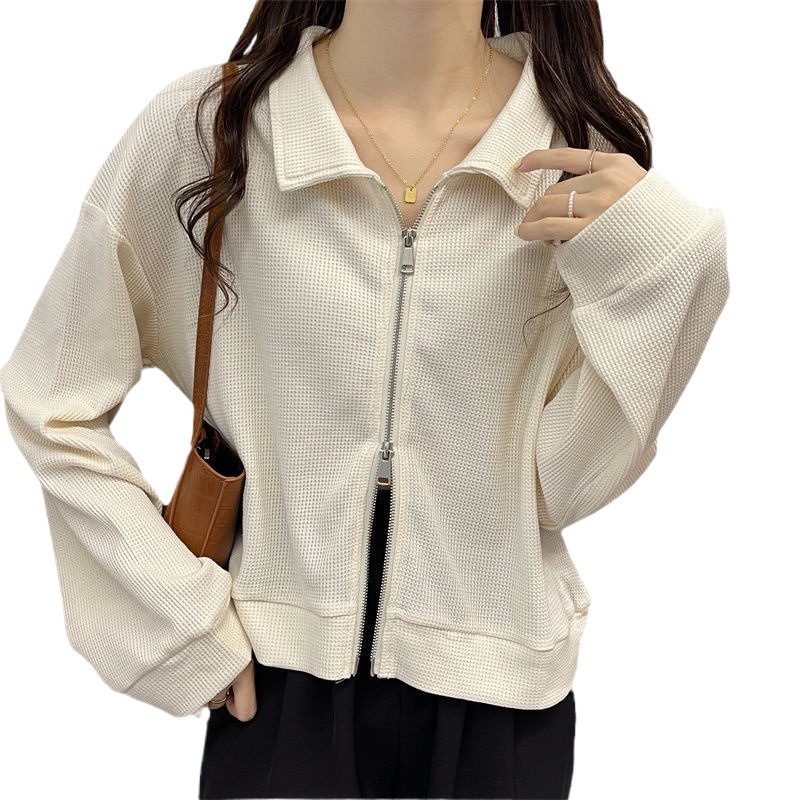 Waffle POLO collar coat women's autumn new double zipper cardigan sweater ins spring and autumn thin Korean fashion