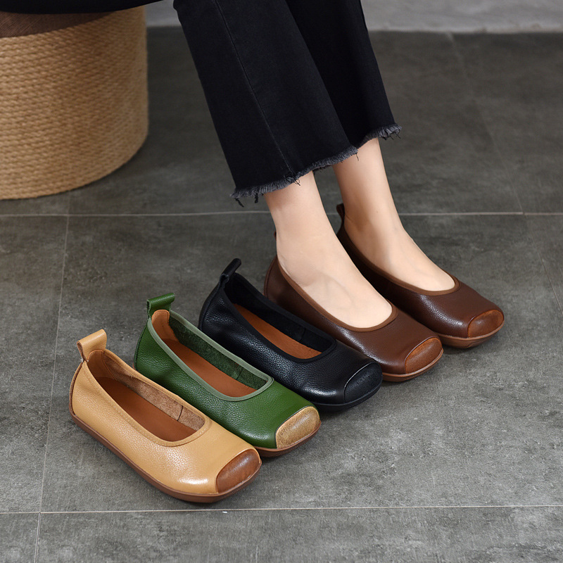 Retro Literary Square Toe Color Matching Shallow Mouth Flats for Women Genuine Leather Women's Shoes 2025 Spring & Fall New Flats Soft Sole Scoop Shoes for Women