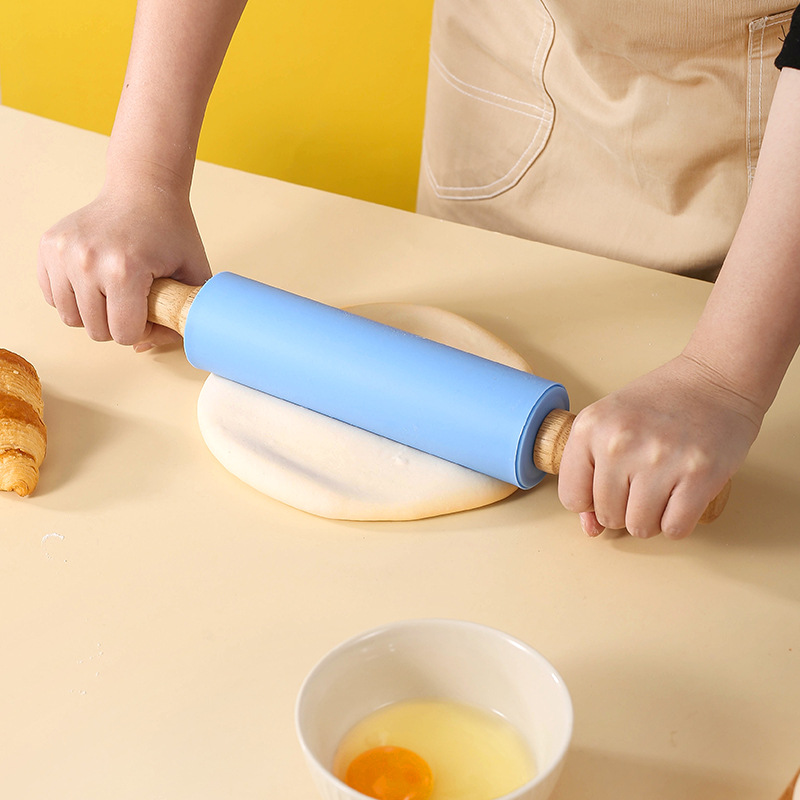 Picture of Silicone Rolling Pin Rotary Roller Rolling Pin Kitchen Wooden Handle Rolling Pin Dumpling Wafer Flour Fat Baking Utensils