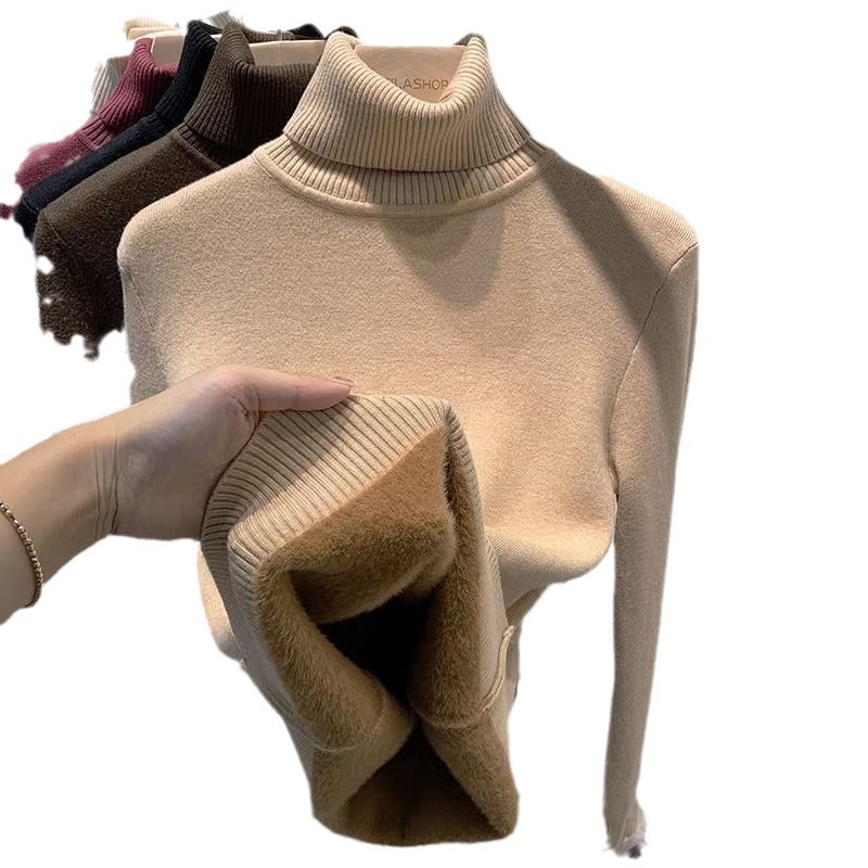 Picture of Foreign trade fleece-lined thick warm one-piece velvet top autumn and winter threaded high collar long sleeve T-shirt women's knitted base