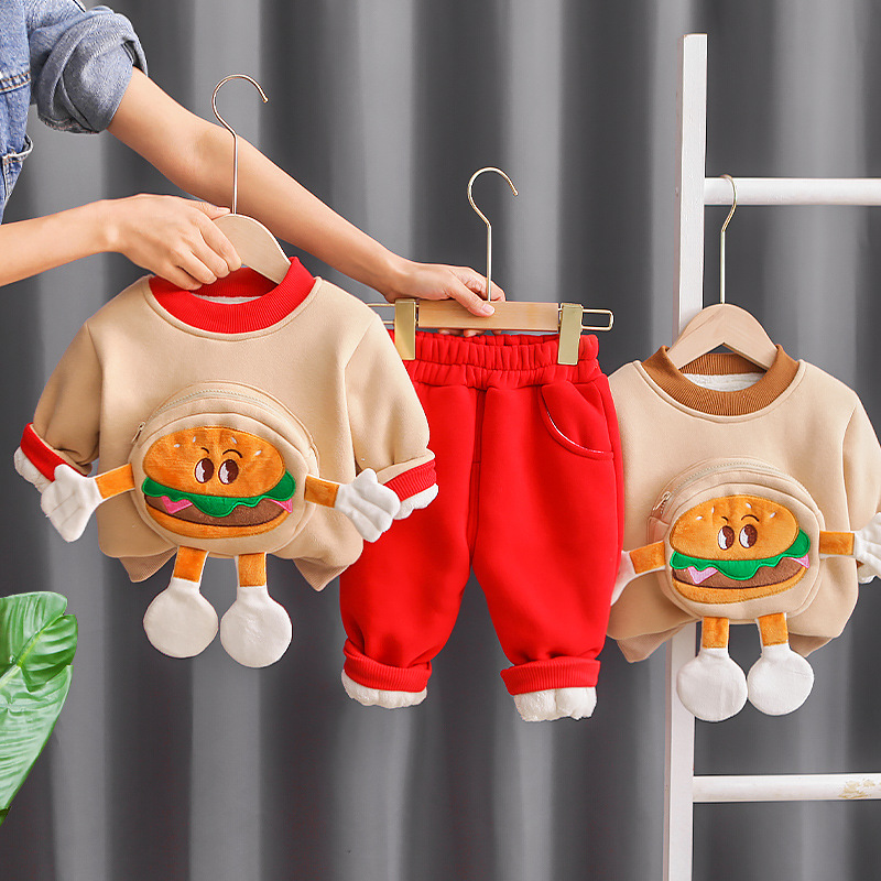 Boys and girls baby winter suit winter new three-dimensional hamburger sweater fleece-lined thick baby children's clothing two-piece set