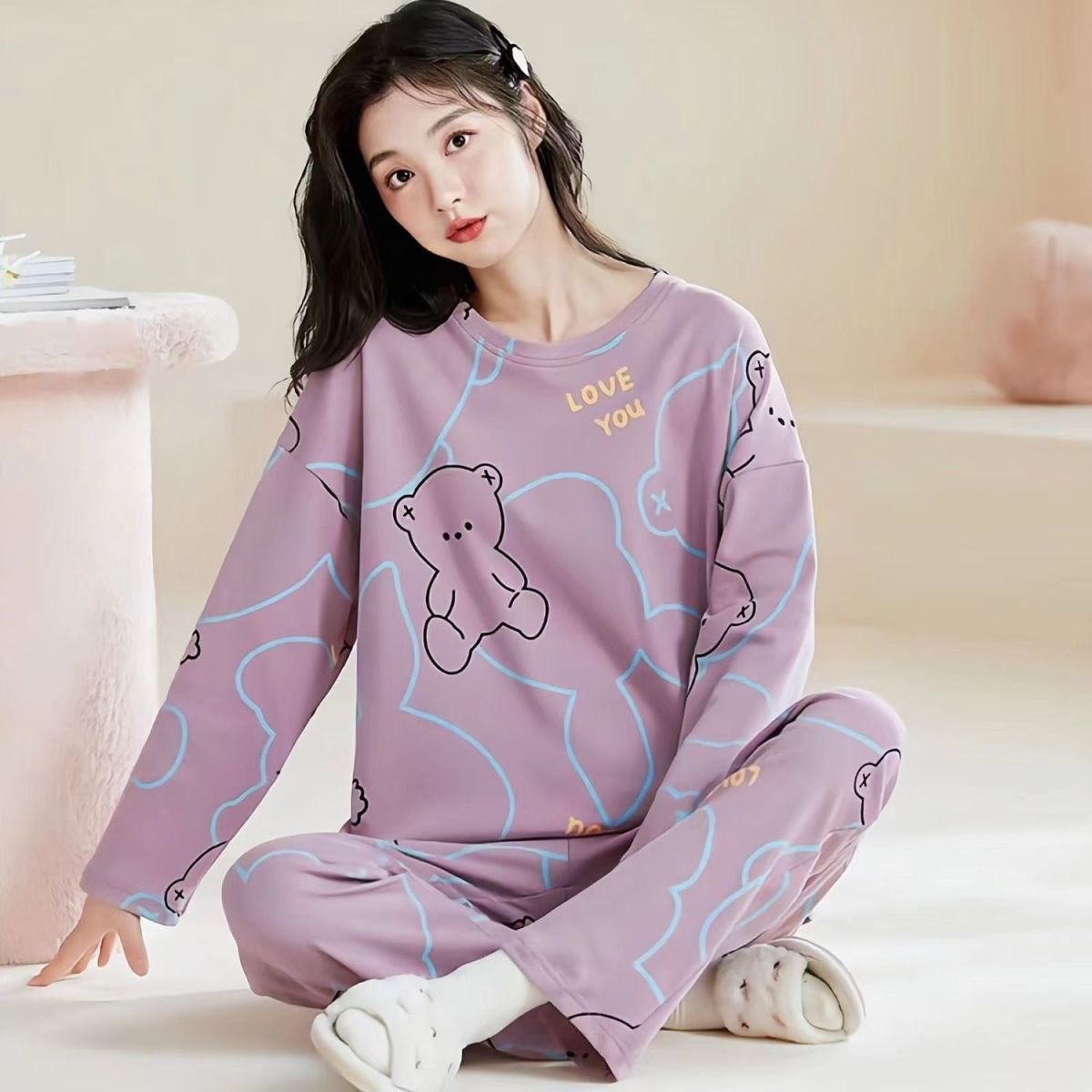 [Source Factory Store] 2024 Autumn New Pants Long Sleeve Pajamas Women's Loose Cartoon Casual Home Clothes