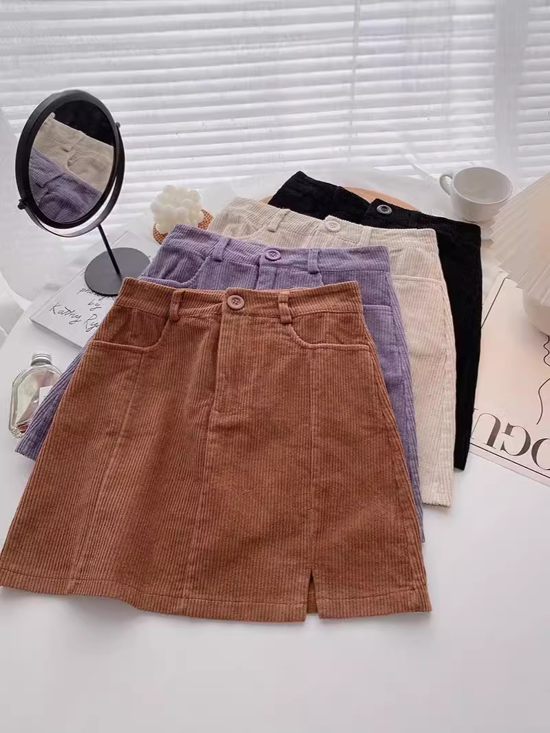 Corduroy Skirt 2024 Autumn Vintage High Waist Slimming Commuter Leg Long Split A- line Skirt Short Skirt for Women