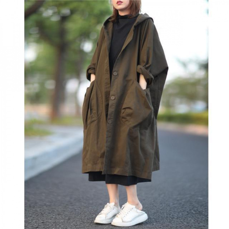 Loose plus size Batwing Sleeve Over Knee Long Large Pocket Coat Coat Women's Hooded Commuter Spring and Autumn Casual Coat