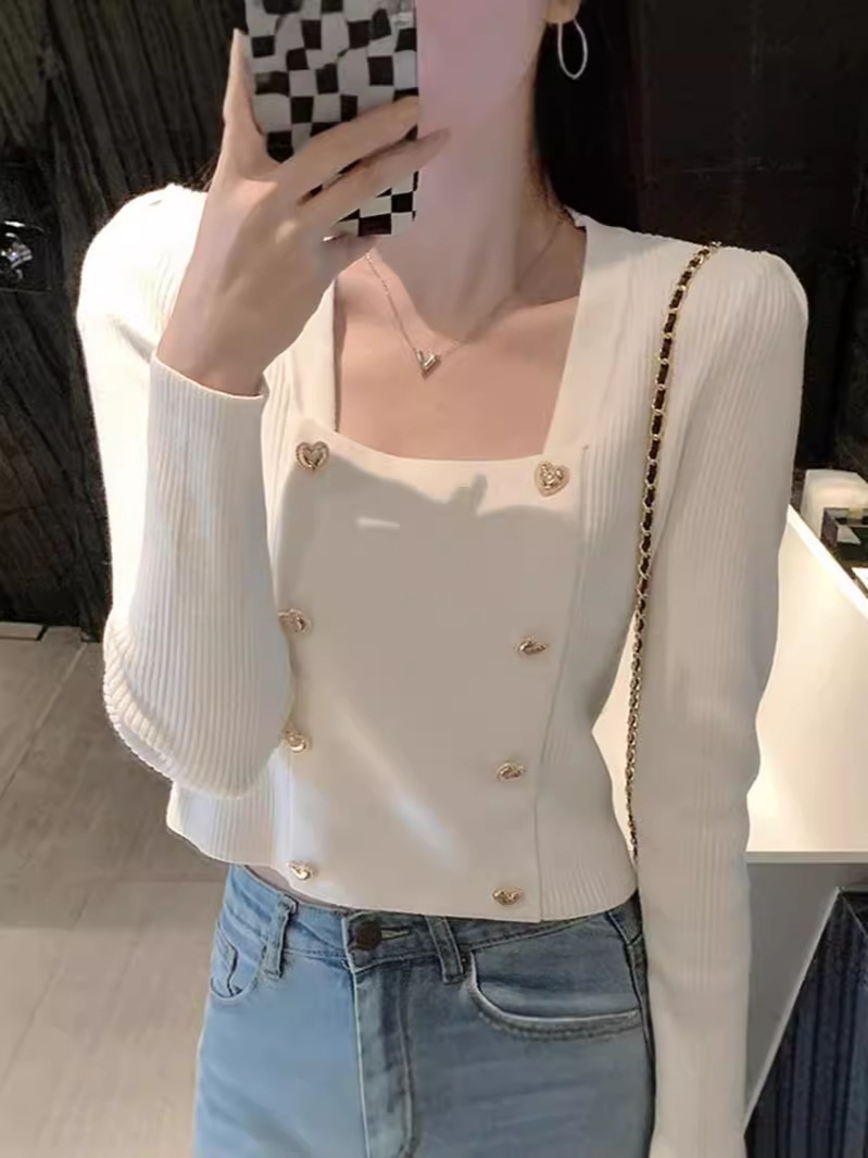 Korean-style New Early Autumn Square Collar Clavicle Knit Sweater Elegant and Elegant All-match Design Sense Niche Short Sweater