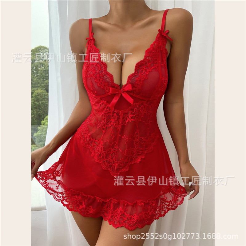 Picture of Summer Popular European and American Sexy Pajamas Cross-Border Foreign Trade Large Size Mesh Lace Temptation Suspender Nightgown Women's Suit Sexy