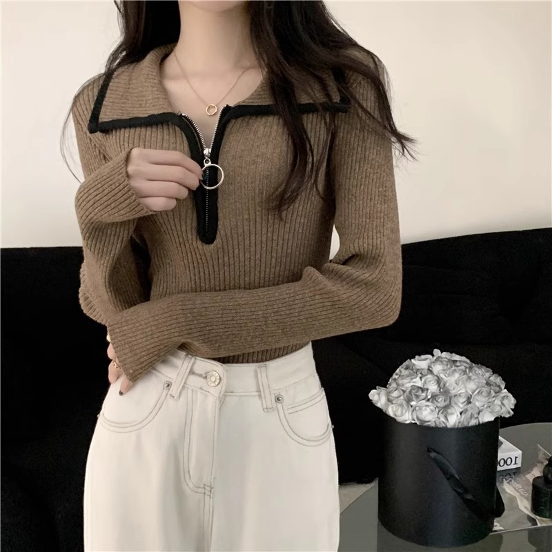Picture of Zipper Lapel Sweater 2023 Autumn/Winter Long Sleeve Slim Fit Color-Block Knitted Top for Women