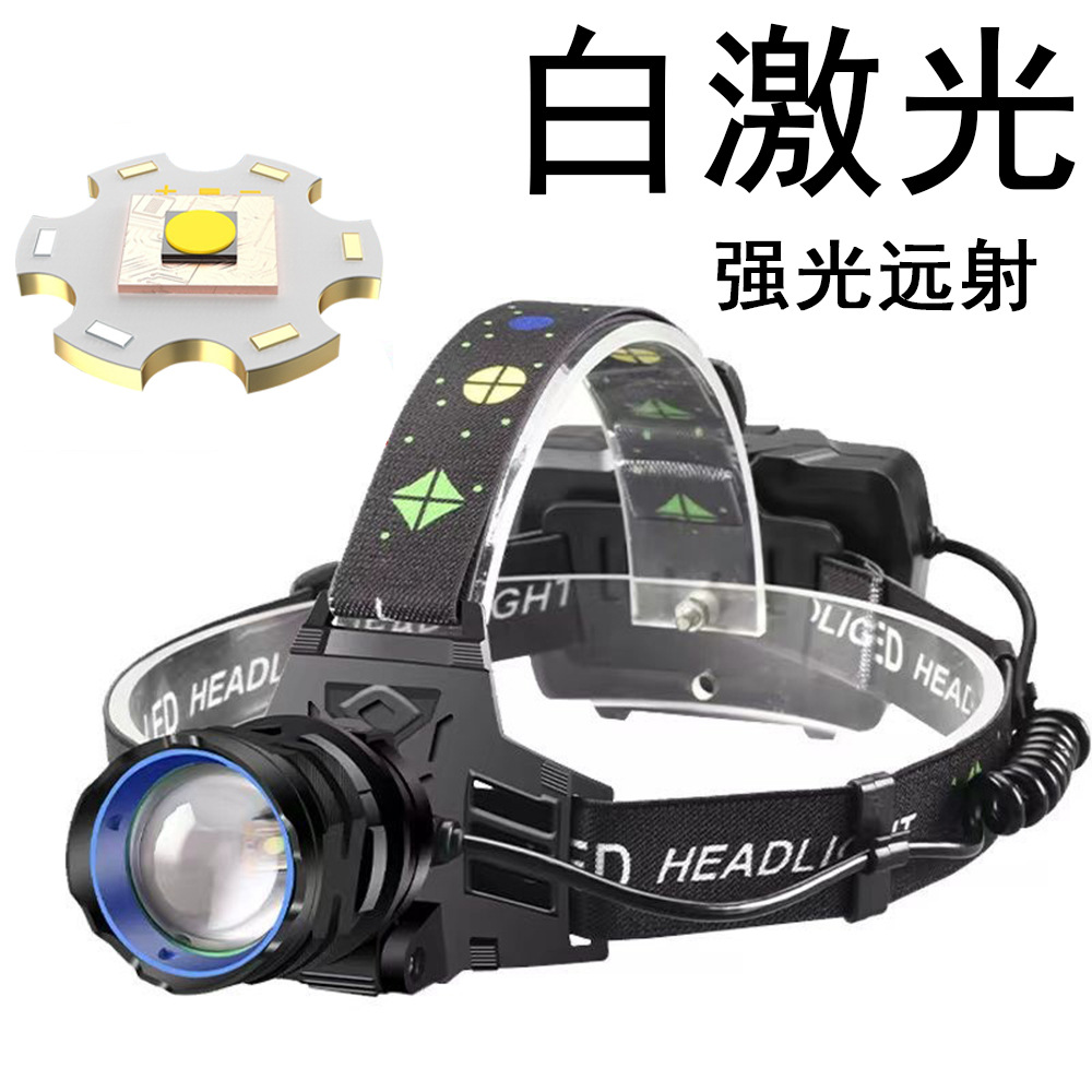 Cross-border new white laser strong light LED headlight, outdoor lighting, night fishing, long-range charging, long-lasting headlight