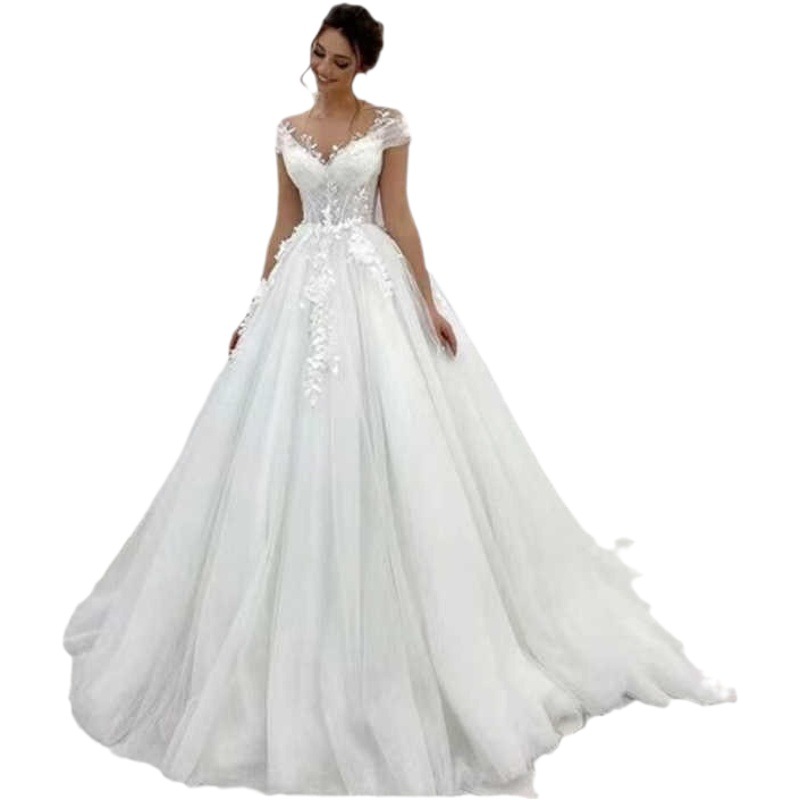 Cross-border hot sale plus size small trailing mesh lace high waist double shoulder V-Neck Wedding dress main yarn for going out