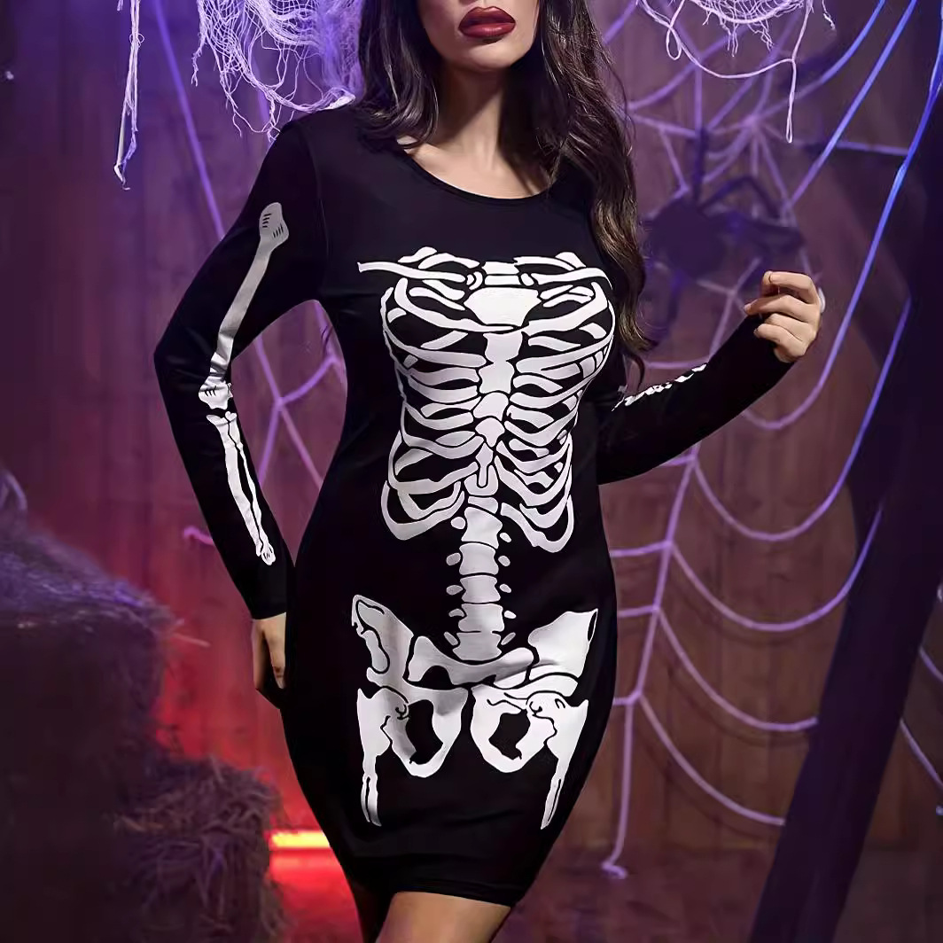 New Women's Halloween Costume Skull Fun Long-Sleeved Mid-Length Dress