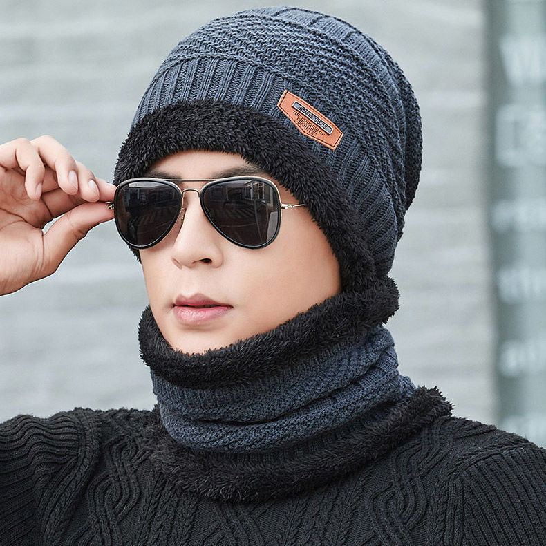 Picture of Hat Men's Winter Fleece-lined Wool Hat Thickened Knitted Hat Autumn and Winter Set Toe Cotton Hat Warm Trendy Youth Korean Style