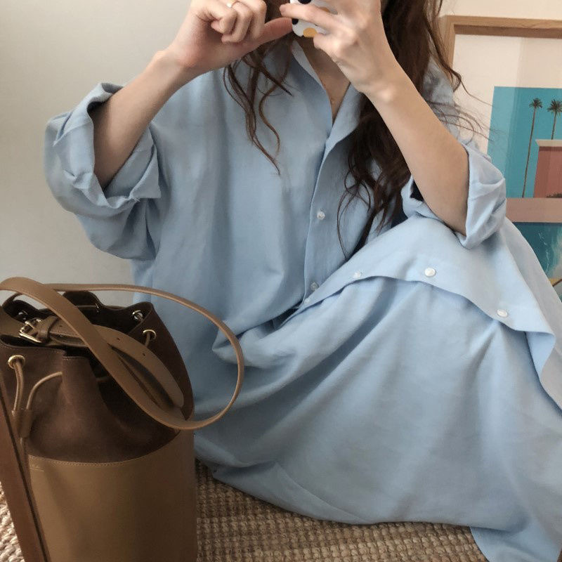 Autumn New South Korea lazy style simple fashion ultra-long over-the-knee shirt Women's solid color lapel cardigan shirt