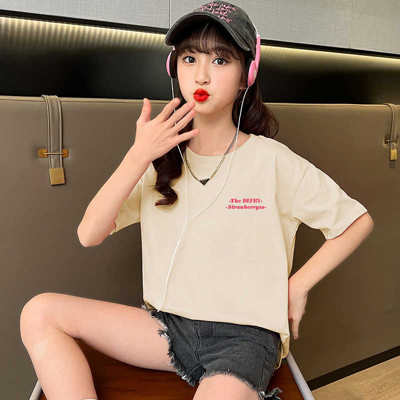 Picture of Girls' Short-sleeved Pure Cotton T-shirt Summer New Arrival Loose Sports Cartoon Printed Top Western Style Half-sleeved T-shirt Girls' Children's Wear